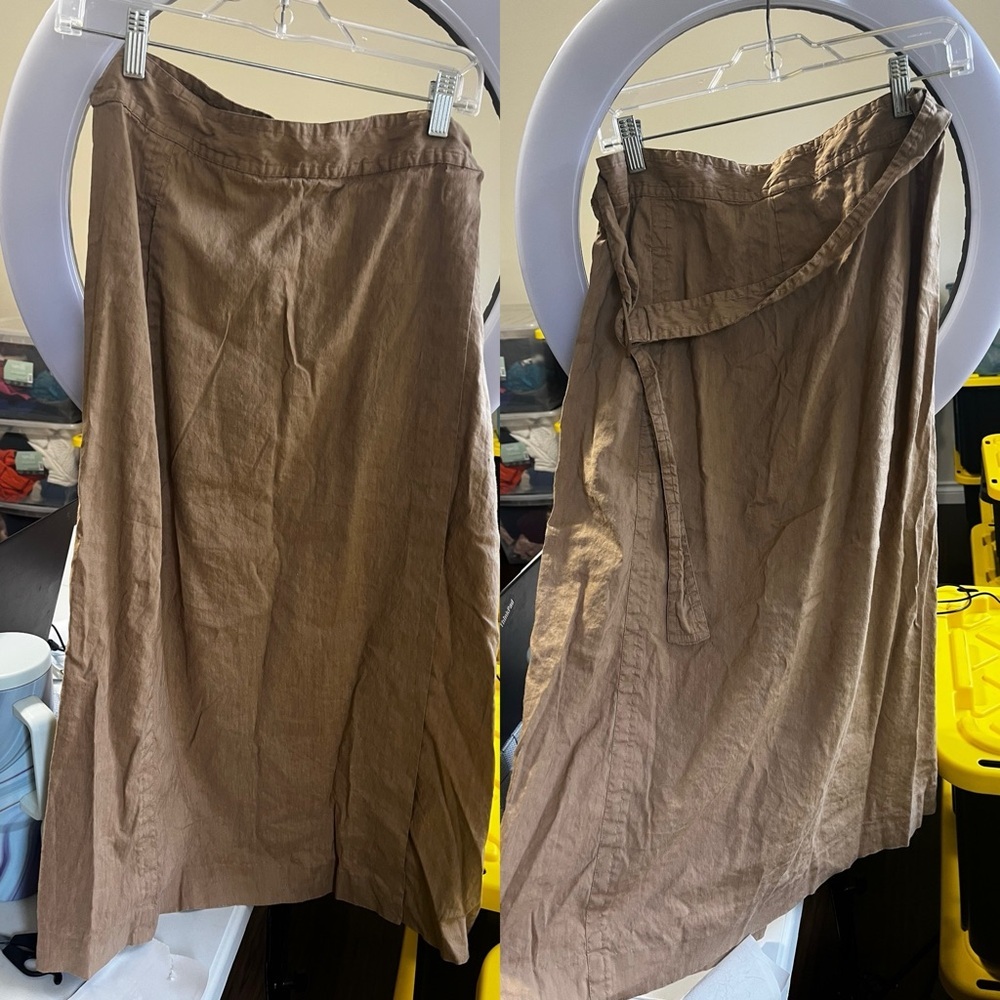Vince Linen Blend Buckle Wrap Midi Skirt Neutral Tan - Picture 8 of 9